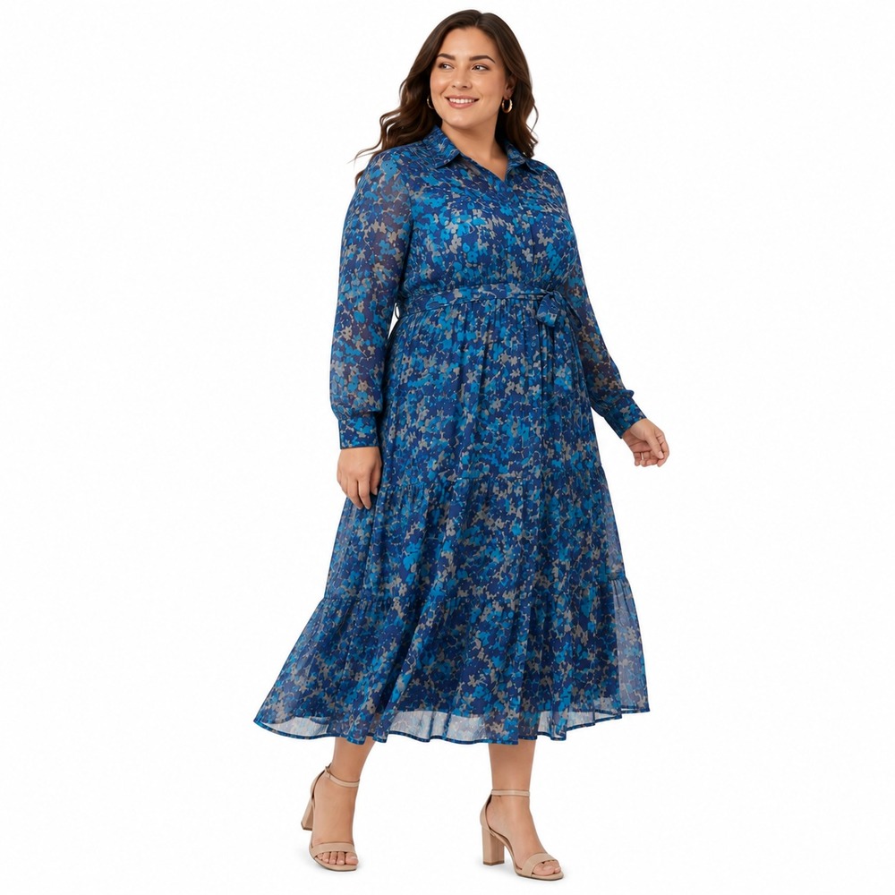 Terra & Sky Womens Shirtdress Size 0X Blue Maxi Floral Tie-Waist Elegant - Picture 4 of 12